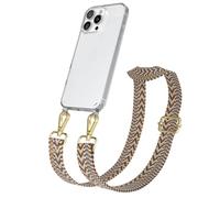 EAZY CASE Cordón para teléfono Compatible con iPhone 16 Pro MAX Correa Ajustable Funda de Silicona con Correa para el Hombro, Funda Collar para teléfono, Zigzag - Marrón Claro Marrón Metal Oro
