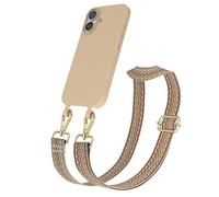 EAZY CASE - Funda con Correa Compatible con iPhone 16 Funda de Silicona para móvil Microfibra Cadena para móvil para Colgar Alrededor de la Funda 2in1 Ondas - Beige Marrón Metal Oro