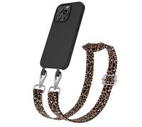 EAZY CASE - Funda con Correa Compatible con iPhone 16 Pro Funda de Silicona para móvil Microfibra Cadena para móvil para Colgar Alrededor de la Funda 2in1 Leopardo - Negro Marrón Metal Plata