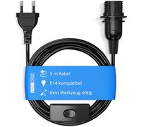 EAZY CASE Portalámparas E14 con cable de 5 m, interruptor, anillo de rosca para pantalla y enchufe de red, ideal para colgar lámparas colgantes, lámparas colgantes, lámpara de bricolaje, color negro