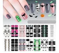 EBANKU 14 hojas de Halloween envoltura completa autoadhesiva esmalte de uñas pegatinas brillan en la oscuridad, lindos fantasmas murciélagos telarañas esqueleto tiras de uñas envolturas con lima de