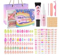 EBANKU 156 piezas de uñas a presión para niños, caja de regalo de 6 unidades de flores francesas para niños con juego de pegamento de uñas falsas para niñas de 5 a 10 años