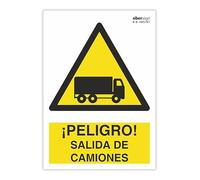EBER SIGN - Señal de Advertencia Peligro Salida de Camiones | Formato A3 | Cartel de Seguridad en PVC 0,7 mm | Señalización Industrial y Vial | Fondo Amarillo con Pictograma Negro