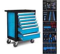 EBERTH Carro de Herramientas Equipado con 167 Piezas, 7 cajones, 5 con Herramientas, Doble Pared de Acero, Recubierto de Polvo Azul, Ruedas giratorias, Freno de Bloqueo, Asas ergonómicas