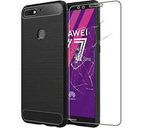 ebestStar - Funda para Huawei Y7 2018, Carcasa Capa Protectora Carbono TPU, Antigolpes, Negro + Cristal Templado