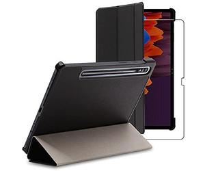 ebestStar - Funda para Samsung Galaxy Tab S7+ SM-T970, Carcasa Capa, Slim Case Protectora, Tapa Magnetica Cuero PU, Negro + Cristal Templado