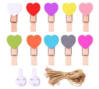 EBHO 10 Piezas de Pinzas de Ropa de Madera con Corazones de Colores, Pinzas de Ropa de Madera, con Cordel de Yute de 1,4m y Gancho Que no se Desliza, para Foto, Decoración, Ocio Creativo