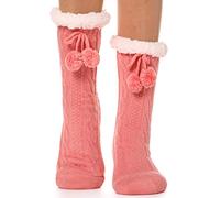 EBMORE Calcetines Antideslizantes Mujer, Calcatines Termicos Invierno Mujer, Calcetines Termicos Frio Extremo Gruesos y Cálidos Calcetines Navidad Chimenea (Pelota Rosa)