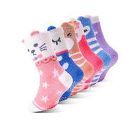 EBMORE Calcetines antideslizantes para niños, suaves para chicas, gruesos y cálidos, de invierno antideslizantes, esponjosos, 6 pares (Animales, 22-26)