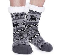 EBMORE Calcetines de Felpa para Hombres, Antideslizantes Gruesos, Cálidos de Invierno, de Cabaña, de Navidad Suaves, Calcetines de Casa, Regalo (Ciervo Gris)