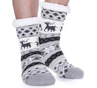 EBMORE Calcetines de Felpa para Hombres, Antideslizantes Gruesos, Cálidos de Invierno, de Cabaña, de Navidad Suaves, Calcetines de Casa, Regalo (Ciervo Gris Claro)