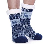 EBMORE Calcetines de Felpa para Hombres, Antideslizantes Gruesos, Cálidos de Invierno, de Cabaña, de Navidad Suaves, Calcetines de Casa, Regalo (Ciervo Azul)