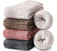 EBMORE Calcetines Termales de Lana Merino para Mujeres y Hombres Gruesos Invierno Trekking Acogedores Crew Cómodos Regalos Calcetines 4 Pairs Stuffer(Beige/Gris/Gris Oscuro, L)