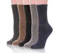EBMORE Calcetines Térmicos de Merino para Mujeres, de Lana, de Senderismo Cálidos, Regalos para Mujeres, de Invierno, de Trabajo, de Tejido, 5 Pares (Rayas de Puntos)