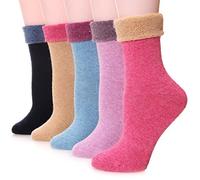 EBMORE Calcetines Termicos Invierno Mujer de Lana Merino, Calcetines Trabajo Antiampollas Gruesos y Cálidos Regalo para Mujer 5 Pares Calcetines Navidad (Puño Rosa)