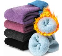 EBMORE Calcetines Termicos Invierno Mujer de Lana Merino, Calcetines Trabajo Antiampollas Gruesos y Cálidos Regalo para Mujer 5 Pares Calcetines Navidad (Puño Púrpura)