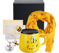 EBOOT 4 Regalos con Tema de Abeja Set Incluye Taza de Café de Abeja con Tapa y Cuchara Bufanda de Seda de Abeja Llavero de Bee Happy Tarjeta de Felicitación con Sobre con Caja para Mujer