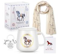 EBOOT Juego de regalo de 4 piezas con temática de caballo para mujer, incluye taza de té de cerámica con cubierta y cuchara, bufanda de seda para mujer, chal, llavero con caja y tarjeta de regalo para