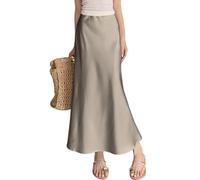 ebossy Elegante falda larga de satén de seda para mujer, cintura elástica oculta, acampanada, falda larga, Champán, XS
