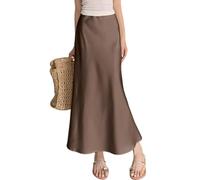 ebossy Elegante falda larga de satén de seda para mujer, cintura elástica oculta, acampanada, falda larga, Café, XS