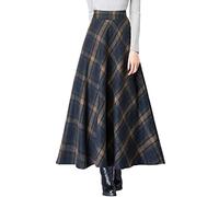 ebossy Falda Larga de Mezcla de Lana de Cintura Alta Vintage para Mujer con Bolsillo, Tartán Azul, Medium