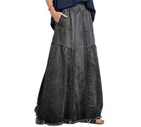 ebossy - Falda Larga de Mezclilla para Mujer, Cintura elástica, Dobladillo Deshilachado, Acampanada, desgastada, Hippie, Larga, Gris Oscuro, XXL