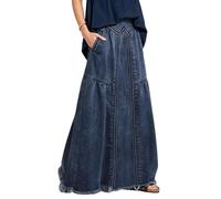 ebossy - Falda larga de mezclilla para mujer, cintura elástica, dobladillo deshilachado, acampanada, desgastada, hippie, larga, Azul oscuro, Large