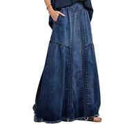 ebossy Falda larga de mezclilla para mujer, cintura elástica, dobladillo deshilachado, acampanada, desgastada, hippie, larga, Azul oscuro, XXL