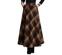 ebossy Falda larga maxi vintage de mezcla de lana a cuadros de cintura alta para mujer tipo A con bolsillo (Large, Camel)