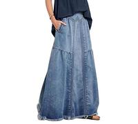 ebossy - Falda larga vaquera estilo hippie de corte evasé para mujer, cintura elástica, bajo deshilachado y acabado desgastado, Azul, Large