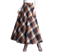 ebossy Falda larga vintage de cintura alta de mezcla de lana a cuadros con bolsillo para mujer, Caqui, XL