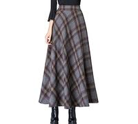 ebossy Falda Larga Vintage de Cintura Alta de Mezcla de Lana a Cuadros con Bolsillo para Mujer, Gris (Plaid Grey), XL