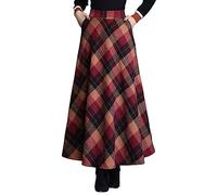 ebossy Falda larga vintage de cintura alta de mezcla de lana a cuadros con bolsillo para mujer, Rojo -, M