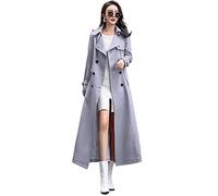 ebossy Gabardina de doble botonadura para mujer, abrigo largo y delgado de longitud completa, Gris, S