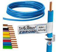 EBROM - Cable de 20 metros de un solo cable - Cable de cableado rígido - Cable de PVC - H07V-U 6mm2 | 6 mm² | 6 mm² - Color: azul claro - Cobre completo 99,9% OFC cobre - Longitud: 20 metros