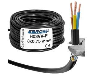 EBROM Cable de plástico redondo, cable, cable eléctrico, conductor, cable para dispositivo H03VV-F 3 x 0,75 mm². Color: negro, varias longitudes por paso de 5 metros hasta 200 metros - 3G0,75 mm2