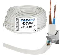 EBROM Cable de Plástico Redondo H05VV-F 2 x 1,5 mm², Cable de Alimentación y Dispositivo, Color Blanco, Longitudes de 5 a 200 Metros