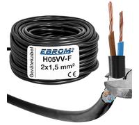 EBROM Cable de Plástico Redondo H05VV-F 2 x 1,5 mm², Cable de Alimentación y Dispositivo, Negro, Longitudes de 5 a 200 Metros
