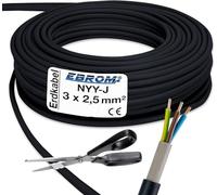EBROM Cable subterráneo NYY-J 3 x 2,5 mm² - Cable de alimentación - PVC - Negro - Metro exacto - Longitud: 30 metros