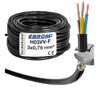 EBROM H03VV-F 3 x 0,75 mm² - Cable de manguera de PVC, color negro, cable de dispositivo, cable LED, cable flexible, cable de plástico 3G0,75 mm2, cable para electrodomésticos, cable de alimentación