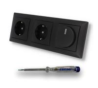 EBROM SET IDEE: Busch Jäger 6523U-102 - Regulador de intensidad led y 2 enchufes con protección táctil elevada 20EUCB-915 en Balance Si, color negro mate, incluye comprobador de fase EBROM para montar