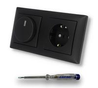 EBROM SET IDEE: Busch Jäger 6523U-102 - Regulador de intensidad led y enchufe con mayor protección táctil 20EUCB-915 en Balance Si negro mate, incluye comprobador de fases EBROM para montar los