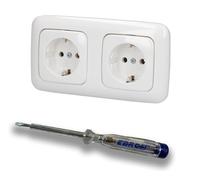 EBROM SET IDEE: Busch Jäger - Juego de 2 tomas de corriente 20EUC-214 en color blanco alpino brillante + comprobador de fase EBROM para montaje