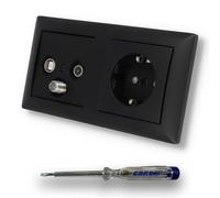 EBROM SET IDEE: Caja de 3 orificios empotrable, 47 - 2150 MHz, caja de aguja, compatible con radio/TV/SAT, enchufe BalanceSi negro mate 20EUC-915 + comprobador de fase EBROM para el montaje de los