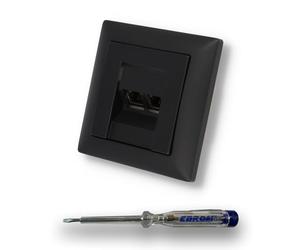EBROM SET IDEE: Rutenbeck - Enchufe de red Ethernet 10 Gigabit KAT6A con 2 conectores RJ45 + Busch Jäger BalanceSi -915 negro mate cubierta + marco + comprobador de fase EBROM