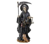 Ebros Gift Figura de Santa Muerte sosteniendo guadaña y escamas de la justicia con búho sabio, 10.25 pulgadas de alto, hueso de la muerte sagrada madre patrón de sabiduría, protección de riqueza, pureza, amor, salud (negro)