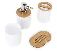 EBTOOLS Set de 4 Accesorios de Baño Completos, Set de Baño con Porta Cepillo de Dientes, Jabonera, Dosificador de Loción Y Vaso, en Plástico + Bambú(Blanco)