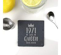eBuyGB 2012923Q7 Posavasos Cuadrado de Pizarra Grabado, diseño 1971 This Queen Was Born, Mujeres, Ella, Regalo de 50 cumpleaños para mamá, Piedra