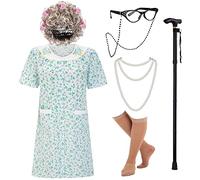 EBYTOP Old Lady Costume for Women, Halloween Granny Dress Up Wig Grandma Glasses Cane 100 100th Das of School,S-M
