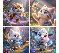 ECBEITF 4 Piezas Diamond Painting Niños Animales 15x15 CM, DIY Pintura Diamante Animales Kit Completo, 5D Pequeño Diamonds Art Paintings para Decoración de Pared del Hogar